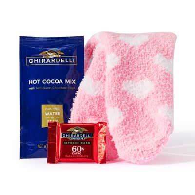 Will You Be My Valentine Gift Set, Made with Ghirardelli Hot Chocolate Mix, Includes Ghirardelli Dark Chocolate Square and Pink Fuzzy Socks for Women