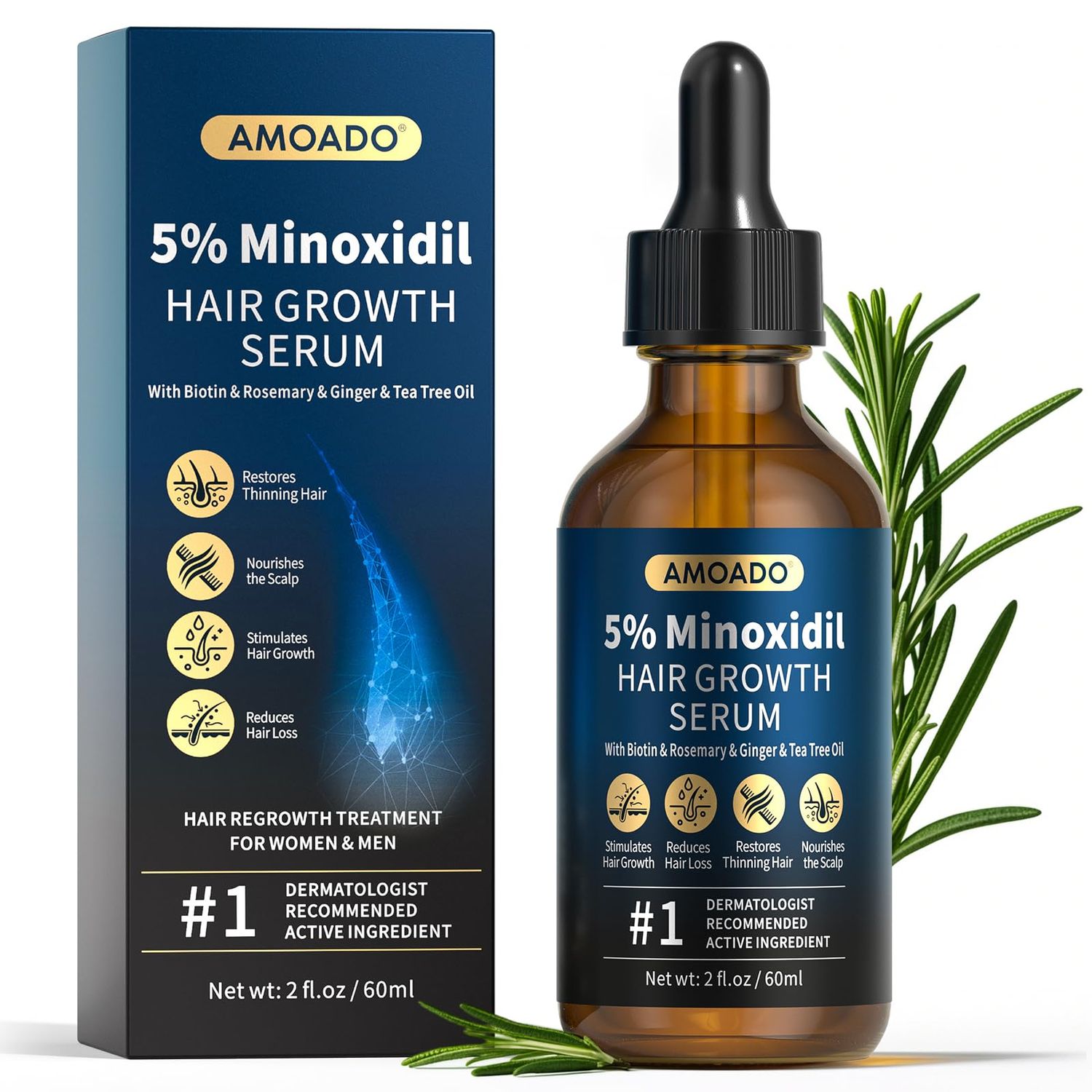 5 Minoxidil for Men and Women, Minoxidil Hair Growth Serum - with Rosemary Oil Biotin for Hair Regrowth, Beard Growth,Hair Loss, Thinning Hair