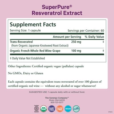 PURE SYNERGY SuperPure Resveratrol Extract Organic Resveratrol Supplement Antioxidant Trans-Resveratrol Extract with Grape Polyphenols for Healthy Aging, Heart, and Skin Health 60 Capsules