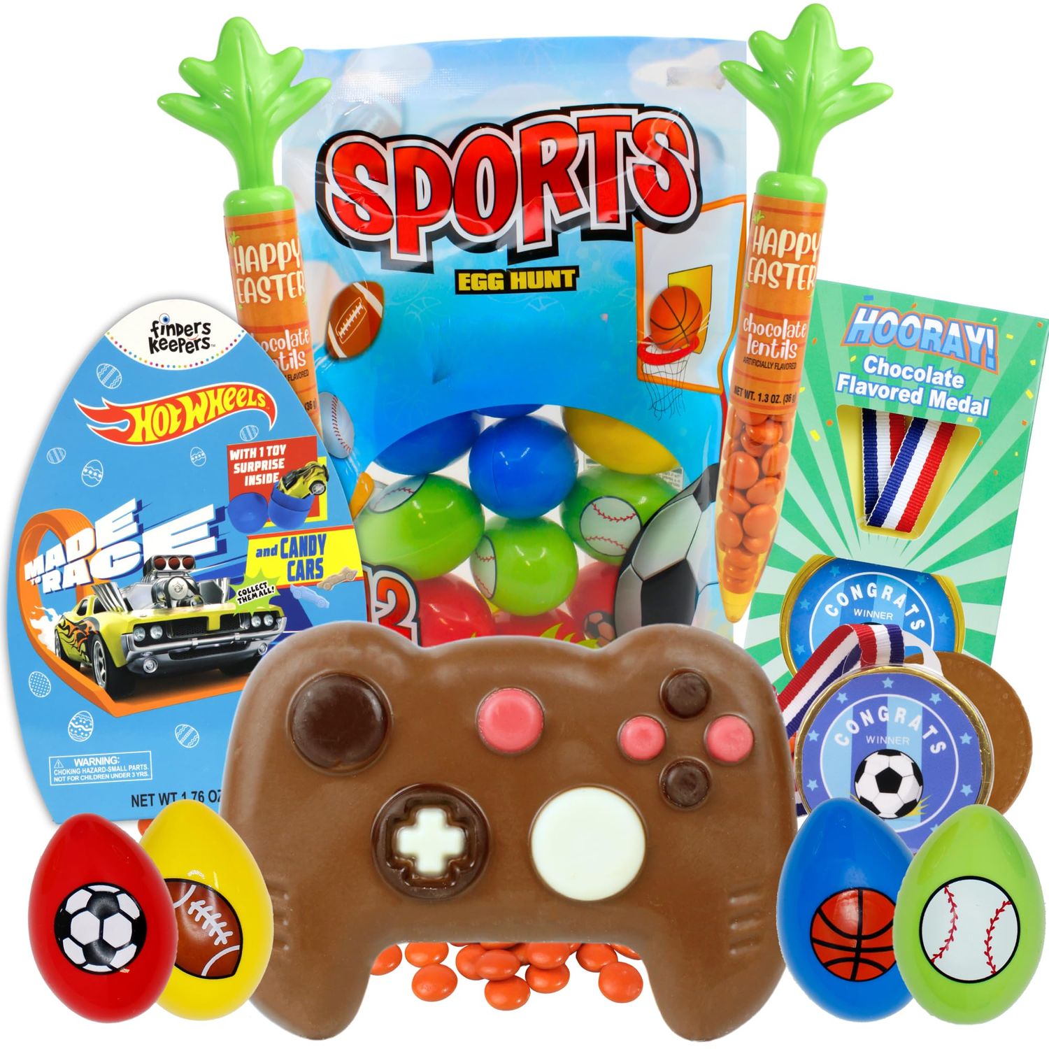 Boys Candy Easter Basket Stuffers, Pre-filled Sports Eggs, Chocolatey Controller, Egg Gift Box, Carrot Tubes, and Chocolate Flavored Medal, 6 Items