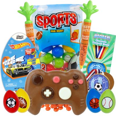 Boys Candy Easter Basket Stuffers, Pre-filled Sports Eggs, Chocolatey Controller, Egg Gift Box, Carrot Tubes, and Chocolate Flavored Medal, 6 Items