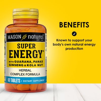 MASON NATURAL Super Energy with Guarana, Panax Ginseng Kola Nut - Herbal Complex Formula to Support Optimal Performance Energy, 60 Tablets