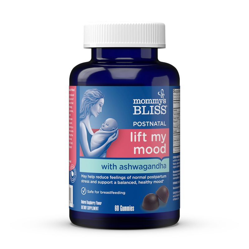 Mommys Bliss Lift My Mood Postnatal Support Ashwagandha, May Reduce Stress Support a Balanced Healthy Mood, Vegan, Delicious Rasberry Flavor, 60 Gummies 30 Servings