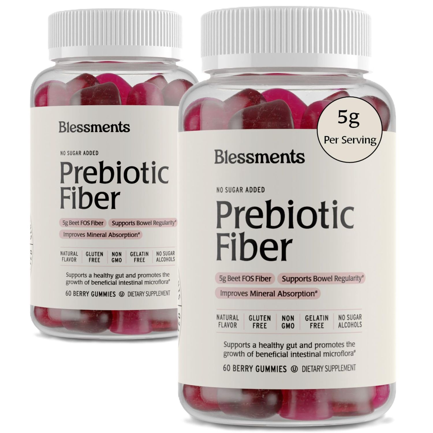 Blessments - Prebiotic Fiber Gummies for Adults Kids with No Added Sugar- 5g 60 Count-2 Pack High Fiber Supplement Gummies - Vegan - Keto Friendly - Digestive Health Supplements