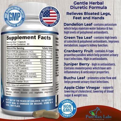 Water Away Gentle Herbal Diuretic - Natural Diuretic Water Pills - Relieve Bloating, Reduce Excess Water Weight with Dandelion Leaf, Green Tea, Detox Cleanse Urinary Health. Non-GMO, 60 Capsules