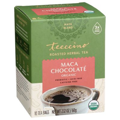 Teeccino Maca Chocolat Herbal Tea - Rich Roasted Herbal Tea That s Caffeine Free Prebiotic with Natural Energy from Adaptogenic Peruvian Maca, 10 Tea Bags