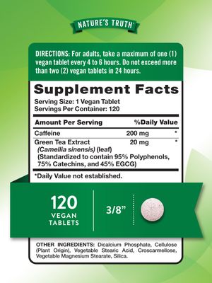 Natures Truth Caffeine Pills 220mg 120 Count With Green Tea Extract Vegan, Non-GMO Gluten Free Supplement