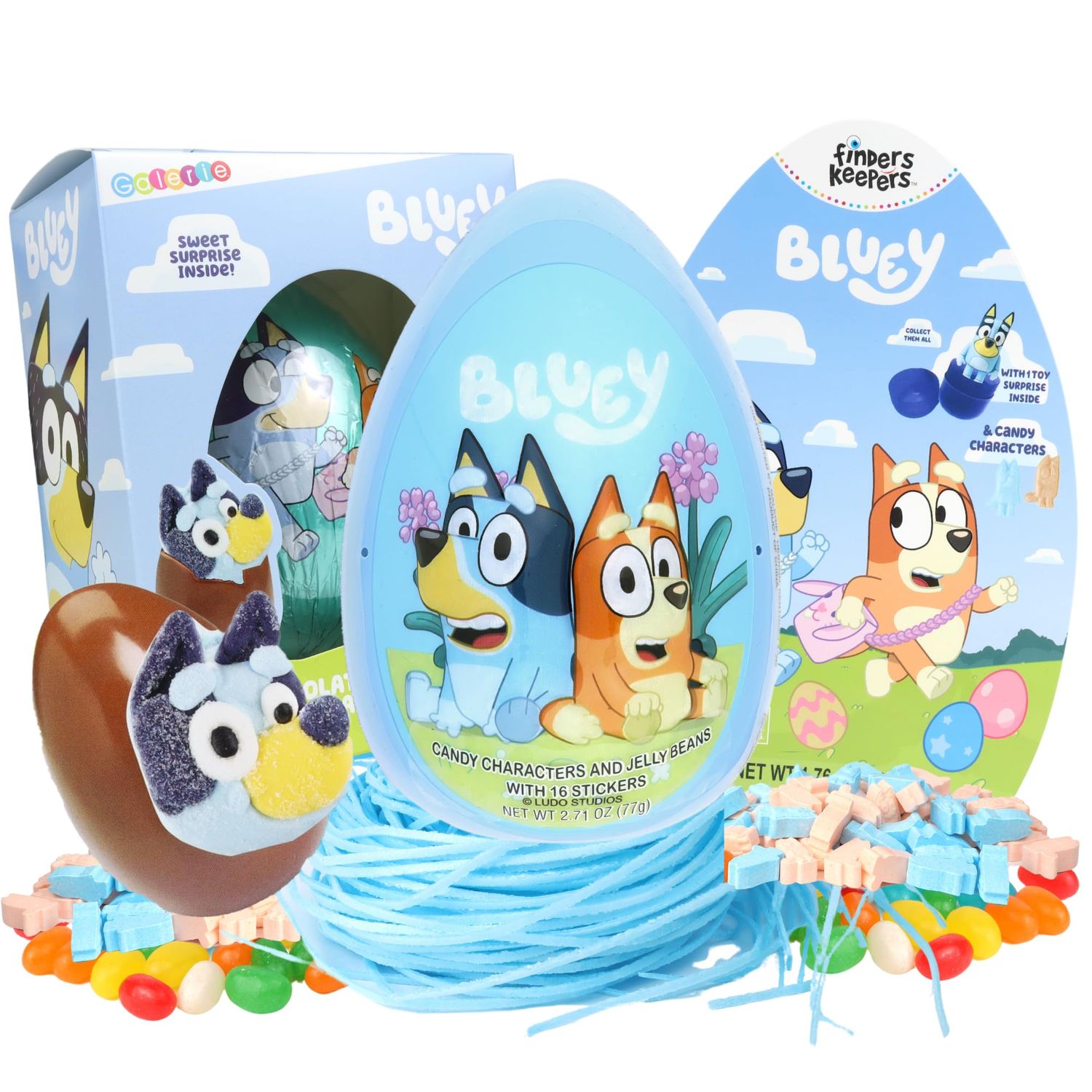 Needzo Bluey Easter Candy Gift Basket FIllers, Edible Grass, Jumbo Egg, Chocolate Ball with Marshmallow, Jelly Beans, Stickers, 4 Items