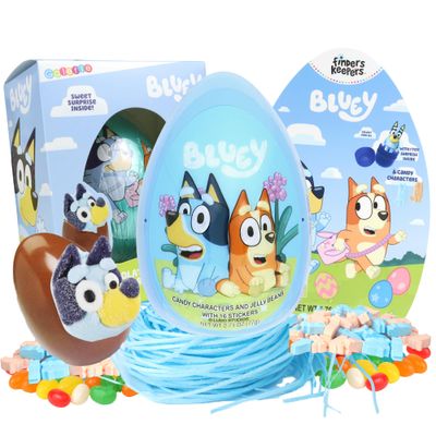 Needzo Bluey Easter Candy Gift Basket FIllers, Edible Grass, Jumbo Egg, Chocolate Ball with Marshmallow, Jelly Beans, Stickers, 4 Items