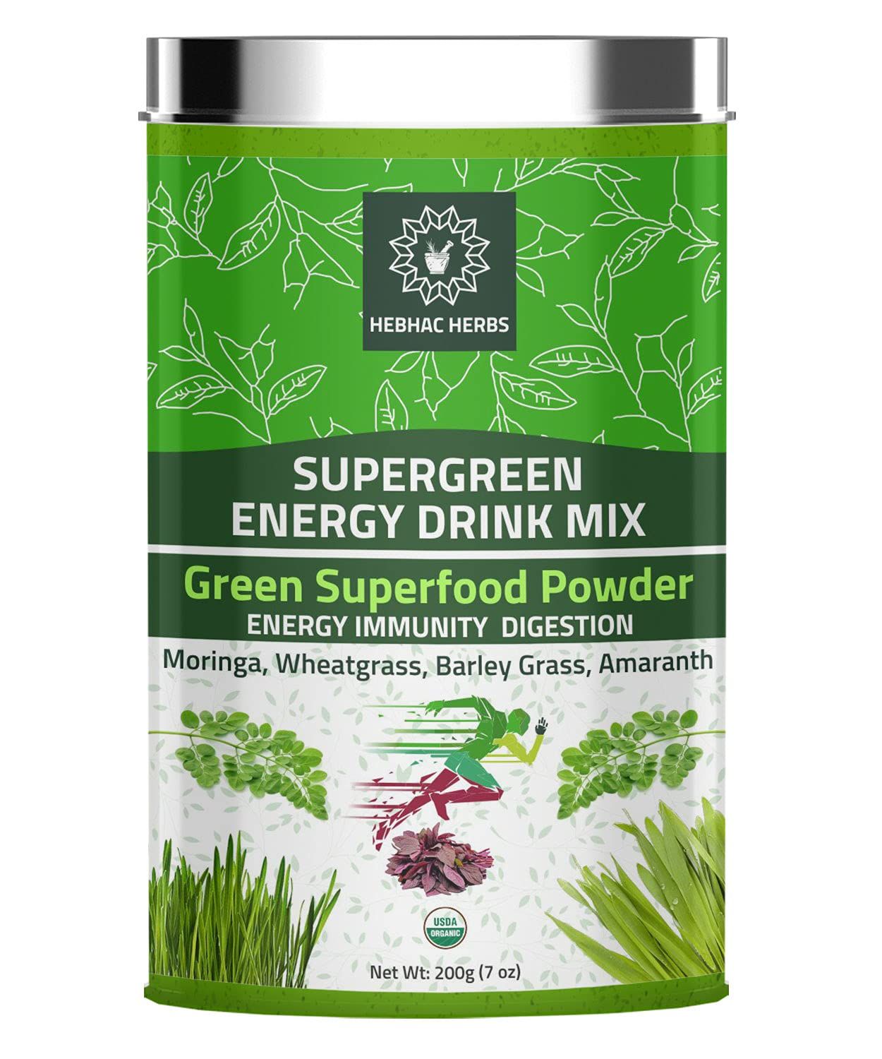 Organic Super Green Energy Drink Mix Powder 200g 7 oz Moringa Powder, Wheat Grass Powder, Barley Grass Powders, Amaranth Powder, Greens Superfood, Natural Energy Drink Mix 200g