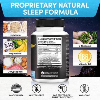 Veteran Performance Combat ZZZ Natural Sleep Relaxation Aids for Adults - Sleep Supplement with Melatonin L-Theanine Vitamin B6 GABA Magnesium Sleep Aid 60 Pills 60 Count Pack of 1