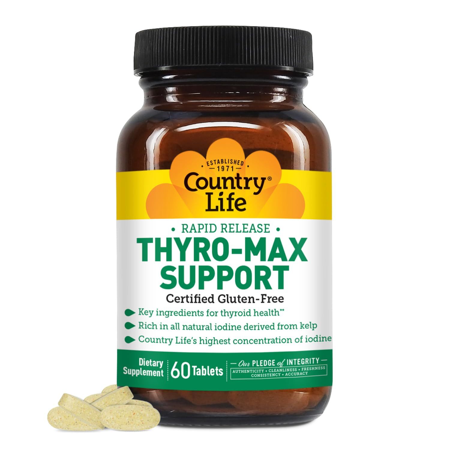 Country Life Thyro-Max Support - Kelp-Derived Iodine L-Tyrosine Thyroid Supplement for Men and Women - B Vitamins, Gluten-Free, Vegan, Kosher - 60 Capsules