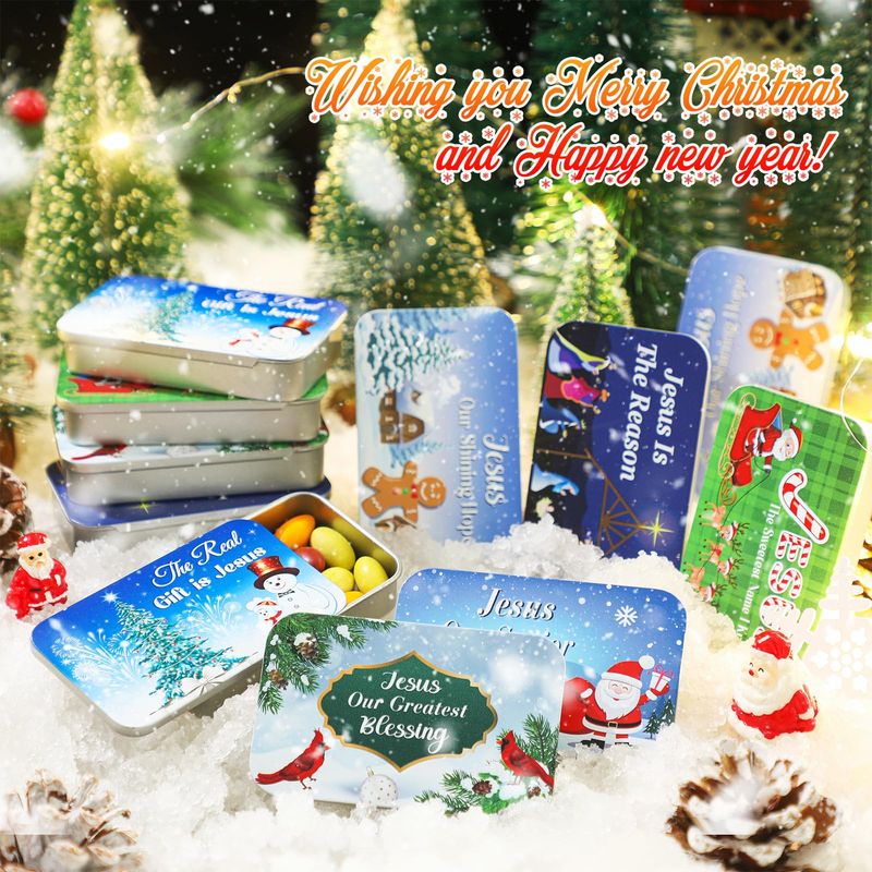 Tioncy 12 Pcs Christian Christmas Mint Candy Tins Gift Jesus Christmas Stocking Stuffers for Adults Teens Birth of Jesus Christ, 6 Styles