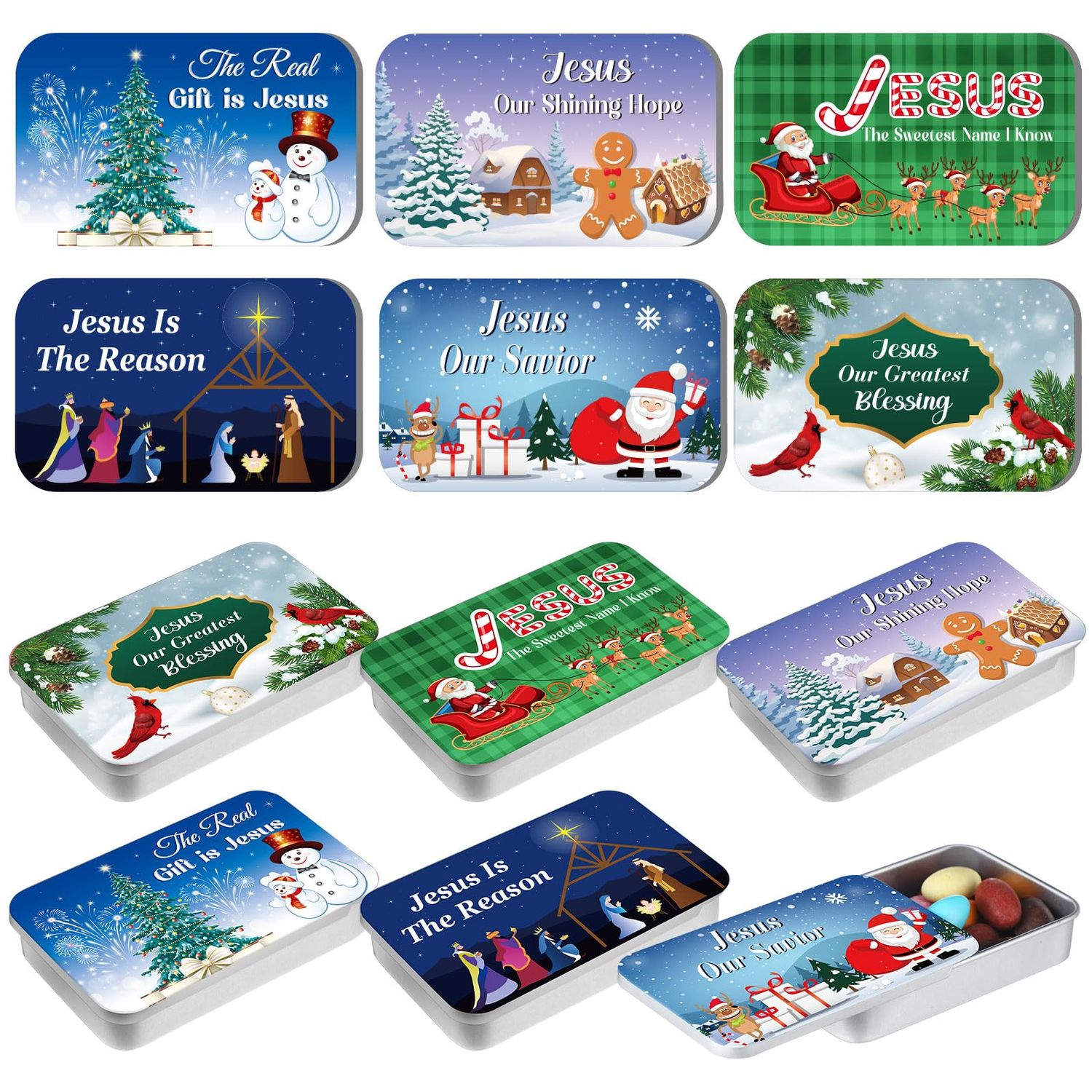 Tioncy 12 Pcs Christian Christmas Mint Candy Tins Gift Jesus Christmas Stocking Stuffers for Adults Teens Birth of Jesus Christ, 6 Styles
