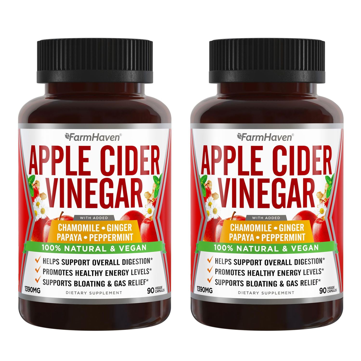 Apple Cider Vinegar Capsules with Ginger, Papaya Chamomile 1390mg Supports Digestion, Immunity Like with Mother Non-GMO 100 Natural 180 Capsules