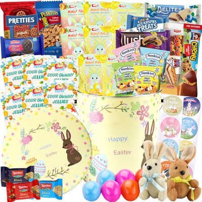 Easter Snack Yellow Tin 48 Count Filled with Candy, Peelable Gummies,Bunny and More, Great Package for Family, Friends, Boys and Girls