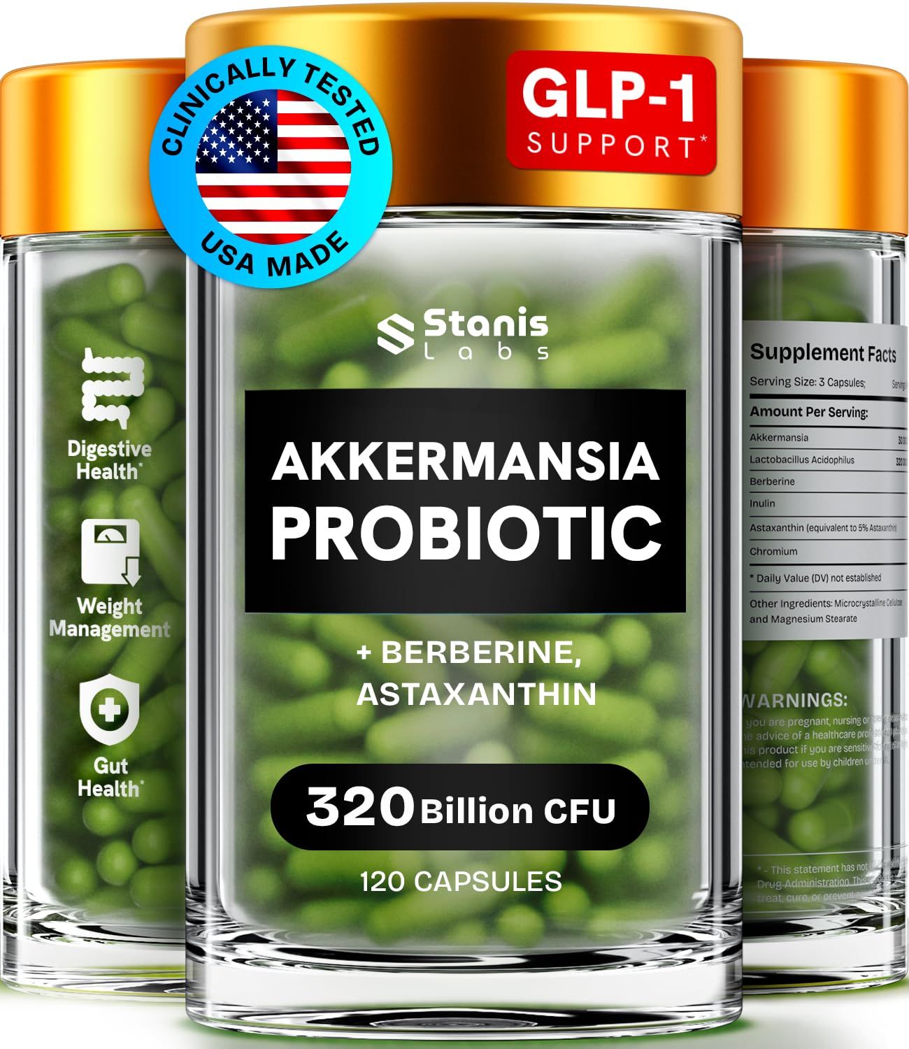 Akkermansia Muciniphila Probiotics 320 Billion CFU GLP-1 Probiotic and Prebiotic Akkermansia Probiotics for gut health Inulin Prebiotic Fiber Capsules Astaxanthin Berberine Chromium 120 count