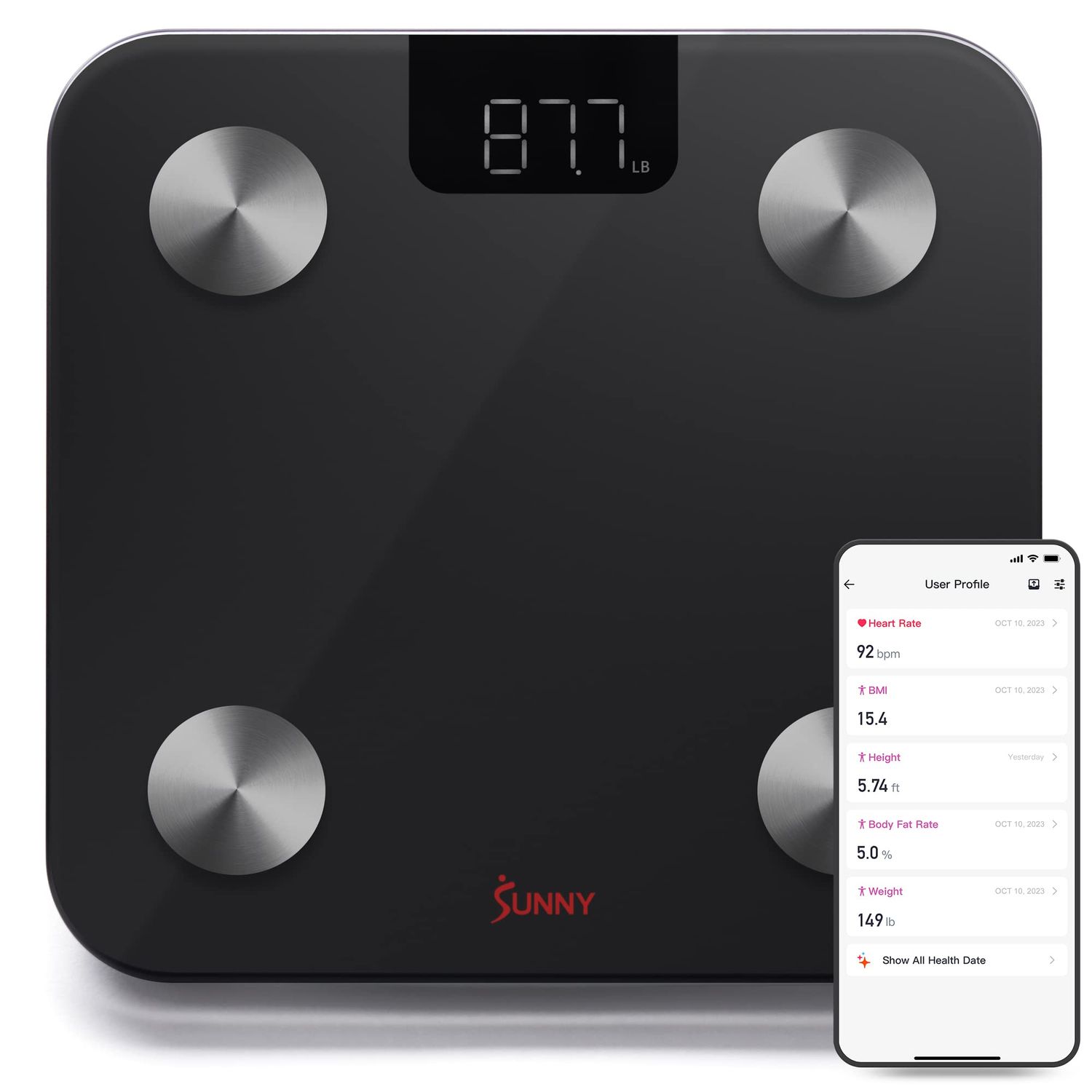 Sunny Health Fitness 20 Metric Advanced Body Fat Composition BMI Scale with Health Tracker Analyzer App - Smart Bathroom Scale for Body Weight, Metabolic Age, BMR, Fat Mass and More - SF-WS022063