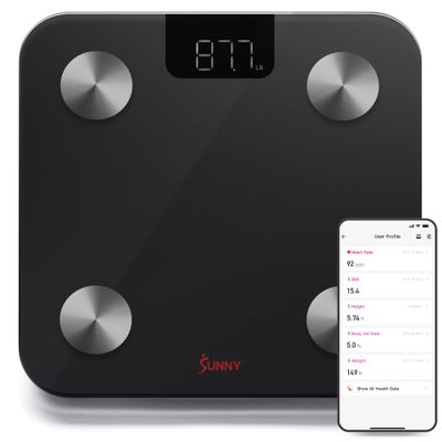 Sunny Health Fitness 20 Metric Advanced Body Fat Composition BMI Scale with Health Tracker Analyzer App - Smart Bathroom Scale for Body Weight, Metabolic Age, BMR, Fat Mass and More - SF-WS022063