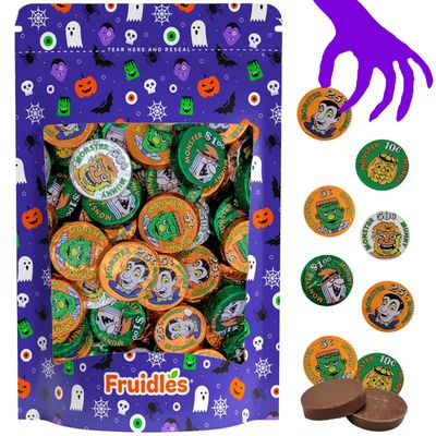 Fruidles Halloween Monster Money Coins Munny, Trick-Or-Treat Party Bag Fillers, Individually Wrapped in Orange, Green, Silver Coin Design Foils, Kosher Certified Dairy 2 Pounds