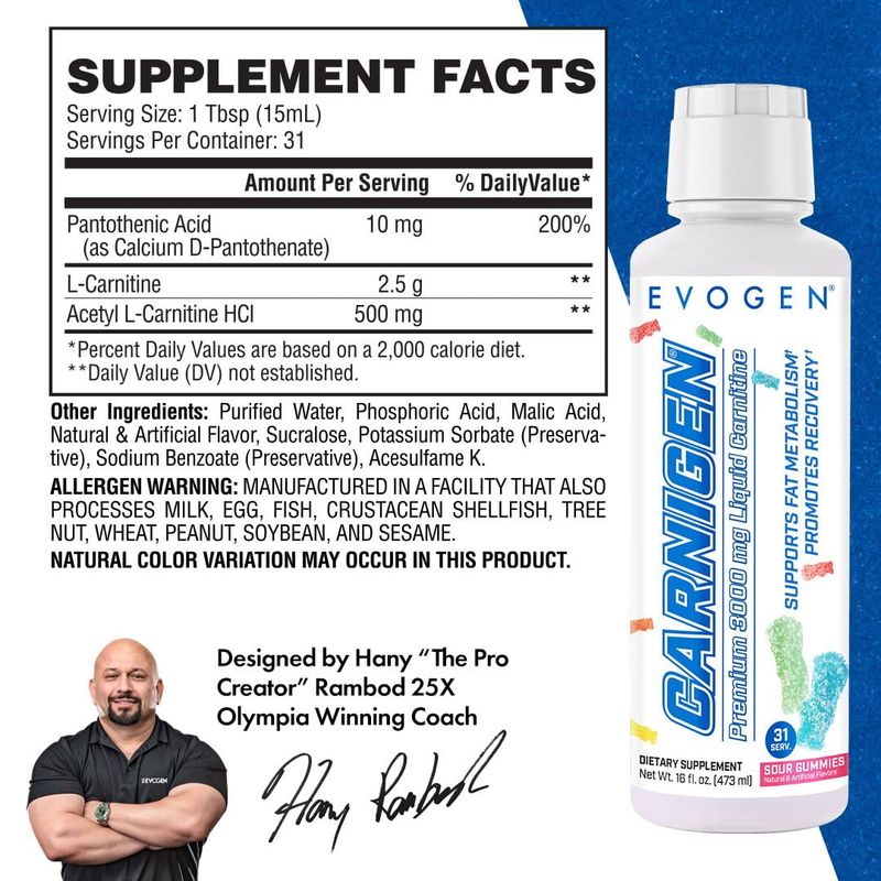 Evogen Carnigen Premium L Carnitine Liquid - L Carnitine 3000 Supplement L Carnitine Supplement for Fat Metabolism Recovery Acetyl L-Carnitine Caffeine Free Sour Gummies 31 Servings