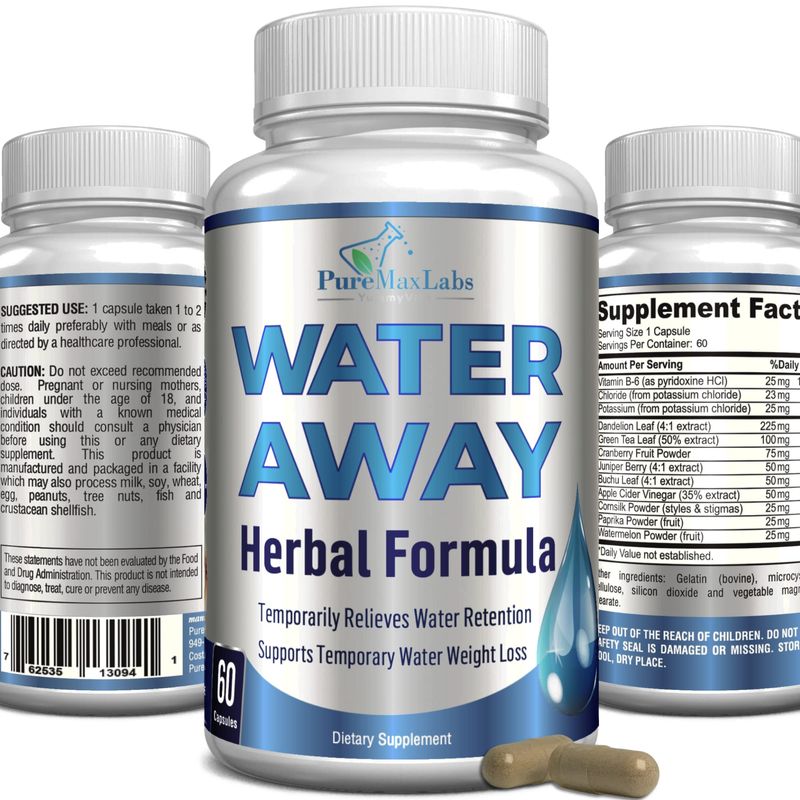 Water Away Gentle Herbal Diuretic - Natural Diuretic Water Pills - Relieve Bloating, Reduce Excess Water Weight with Dandelion Leaf, Green Tea, Detox Cleanse Urinary Health. Non-GMO, 60 Capsules
