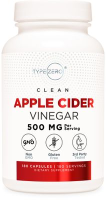 Type Zero Apple Cider Vinegar Capsules 180 Count 500mg Per Serving - Non-GMO, Gluten-Free Supplement