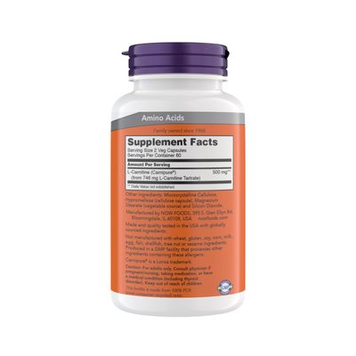 Now Supplements, L-Carnitine 250 mg, Purest Form, Amino Acid, Fitness Support, Metabolic Support 120 Vegetarian Capsules, Gluten Free, Vegan, Kosher, Non-GMO
