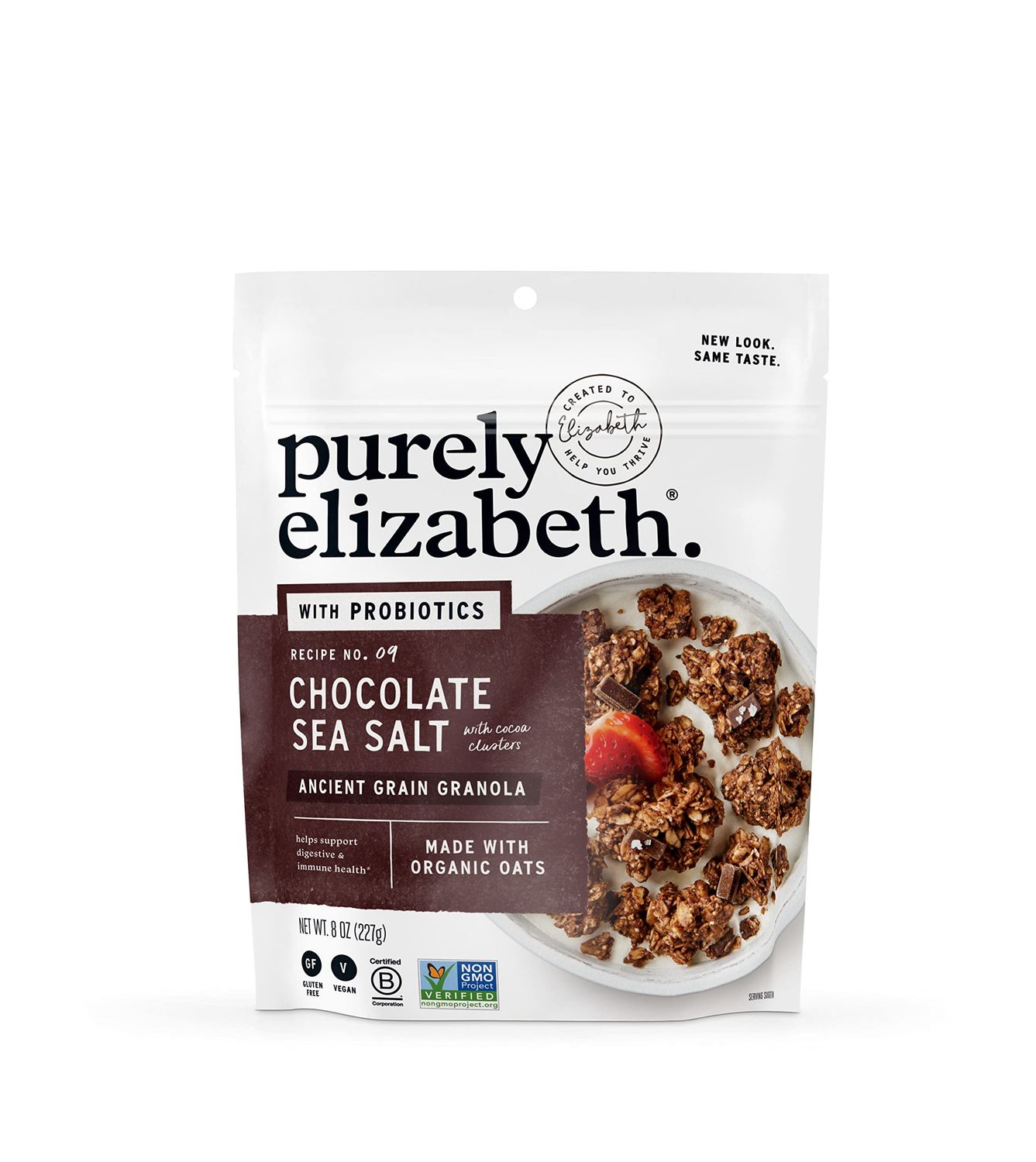 Purely Elizabeth, Chocolate Sea Salt, Ancient Grain Granola with Probiotics, Gluten-Free, Non-GMO 8oz Bag