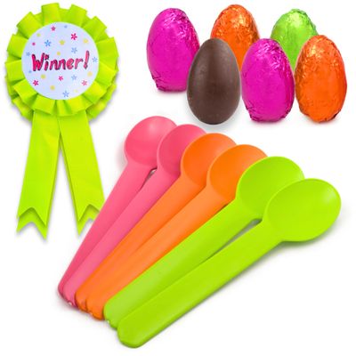 Easter Egg and Spoon Race Game Kit, Chocolatey Eggs and Spoons with Winner Ribbon, Fun Outdoor Activity for Parties, and Hunts, Pack of 2