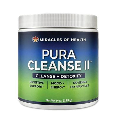 Miracles of Health Pura Cleanse II Super Herb Fiber Detox Drink - Daily Cleanse for The Colon, Lungs, Skin, and Kidneys - Made with 34 Ingredients, Soluable and Insoluable Fiber - 45 Day Supply