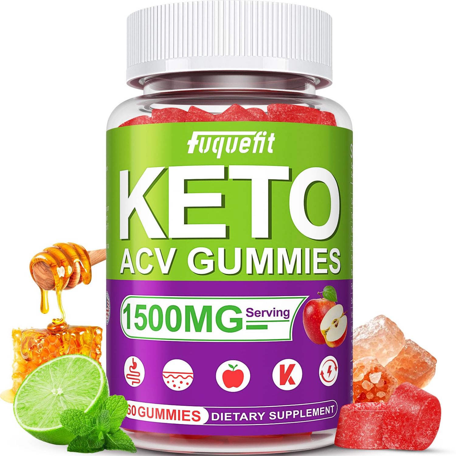 Fuquefit 1500mg Keto ACV Gummies - Advanced Formula Apple Cider Vinegar Gummies - with B6 B12, Pomegranate Beet Juice - Gluten-Free, Non-GMO, Gelatin Free, Vegan - 60 Count