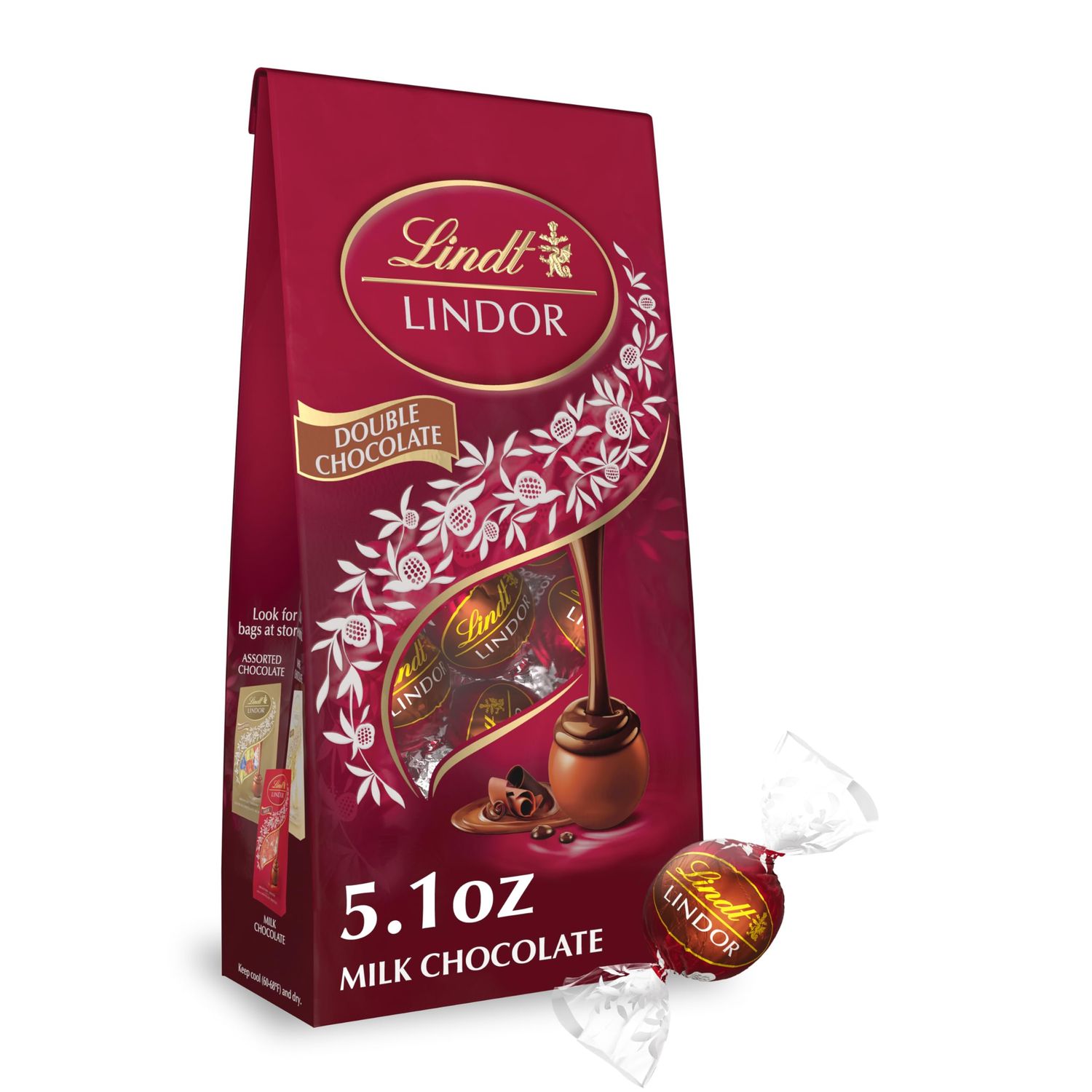 Lindt LINDOR Double Chocolate Milk Chocolate Candy Truffles, Milk Chocolate with Smooth, Melting Truffle Center, Great for Gift Giving, 5.1 oz. Bag 6 Pack