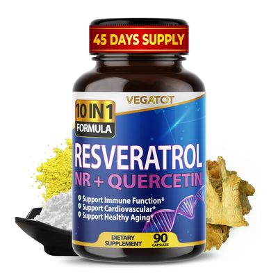 VEGATOT 10 in 1 High Strength Resveratrol with Quercetin Healthy Aging Immune Brain Boost Joint Support 90 Count Pack of 1