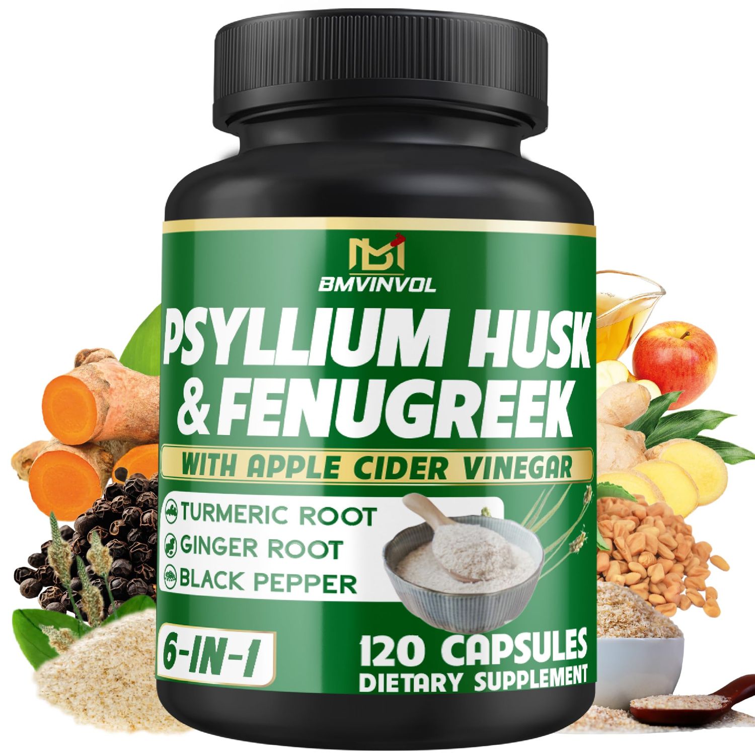 BMVINVOL Psyllium Husk Fiber Supplement with Fenugreek, Apple Cider Vinegar, Turmeric, Ginger, Black Pepper- Digestion Health Support - 120 Capsules