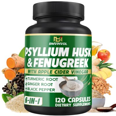 BMVINVOL Psyllium Husk Fiber Supplement with Fenugreek, Apple Cider Vinegar, Turmeric, Ginger, Black Pepper- Digestion Health Support - 120 Capsules