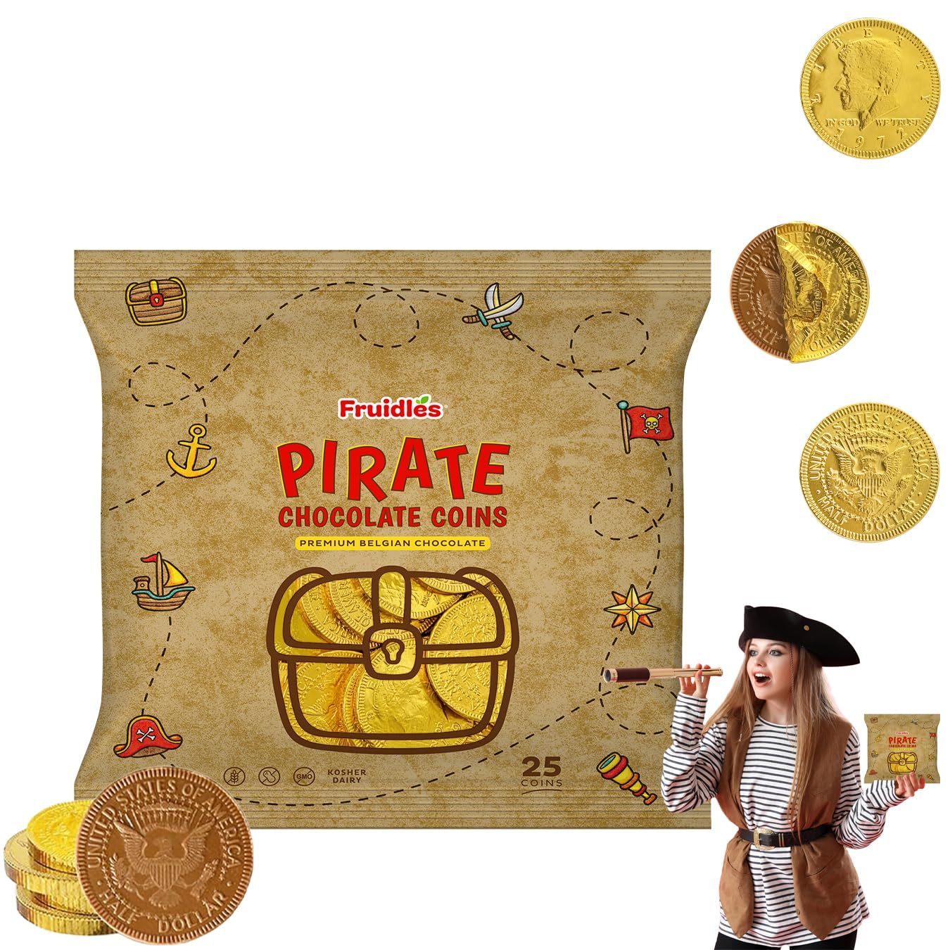 Fruidles Pirate Belgian Milk Chocolate Coins, Kosher Certified Dairy, Non GMO Pack of 25