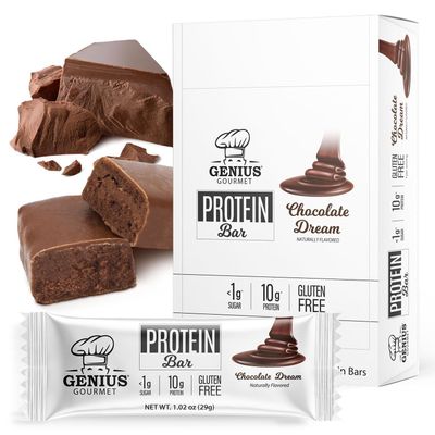 Genius Gourmet Protein Bar, Chocolate Dream, Keto Snack, Low Carb, Low Sugar &amp; Gluten Free, Protein Snacks for Adults, 10G of Whey Protein per Protein Bar, 5 Net Carbs. 10 Count