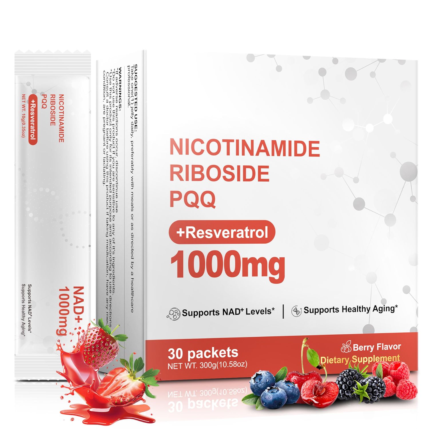 NAD Supplement 1000mg, NAD Nicotinamide Riboside Resveratrol Supplements with PQQ, Extra Strength NMN Alternative for Women Men, NAD Berry Flavor Sticks For Anti-Aging, Energy, Focus - 30 Packets