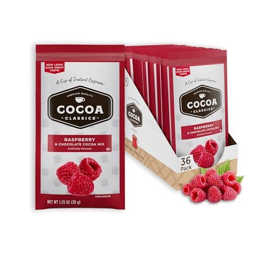 Cocoa Classics Raspberry Cocoa Mix Made with Nonfat Milk Just Add Hot Water Gluten Free Kosher Dairy Friendly 1.25oz Packets Pack of 36