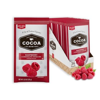 Cocoa Classics Raspberry Cocoa Mix Made with Nonfat Milk Just Add Hot Water Gluten Free Kosher Dairy Friendly 1.25oz Packets Pack of 36
