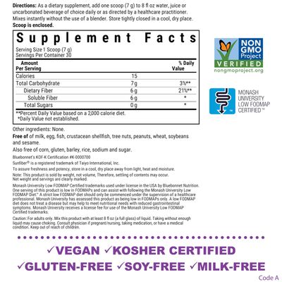 BlueBonnet Nutrition Sunfiber - 6 g of Plant Based Prebiotic Soluble Fiber - Supports Digestive Health - Instant Dissolve - Non-GMO, Vegan, Kosher, Low-FODMAP - Unflavored, 7.4 OZ, 30 Servings