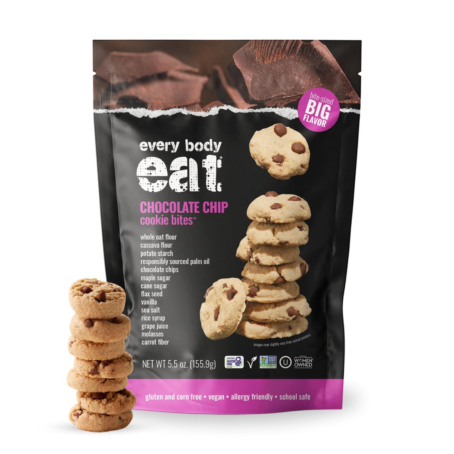 Every Body Eat Crunchy Cookie Bites, Gluten Dairy Free, Vegan, School Lunch Snacks, 5.5 Ounce Pack of 3, Chocolate Chip