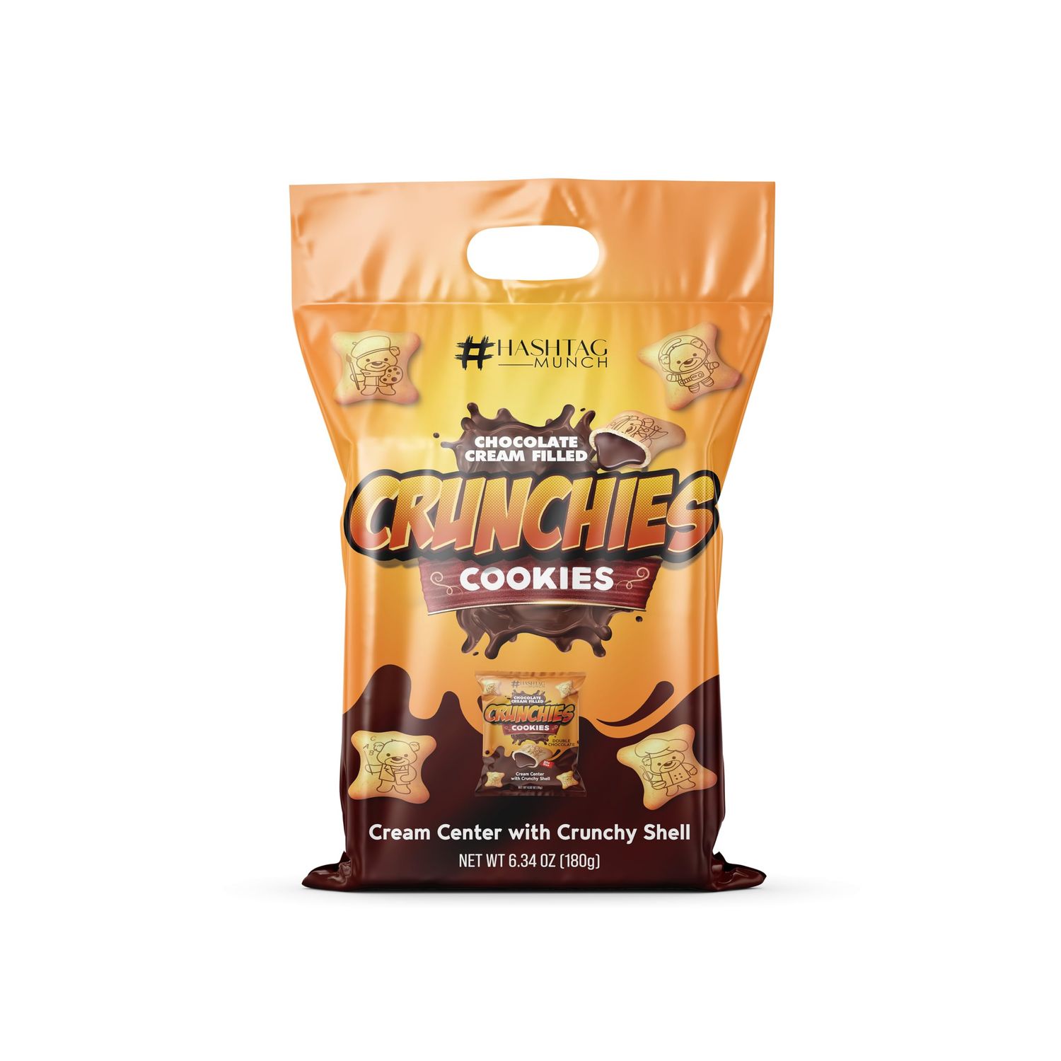 Crunchies Bear Design Premium Double Chocolate Cream Filling Crunchy Bite Size Cookies 12 Bags 0.52 Oz Individual Packets Fun Bulk Family Pack Snacks