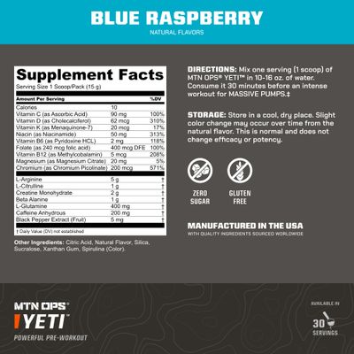 MTN OPS Yeti Trail Packs Pre-Workout Powder Energy Drink with Creatine, 200mg Caffeine BCAAs with Beta Alanine, 20-Single Servings, Blue Raspberry