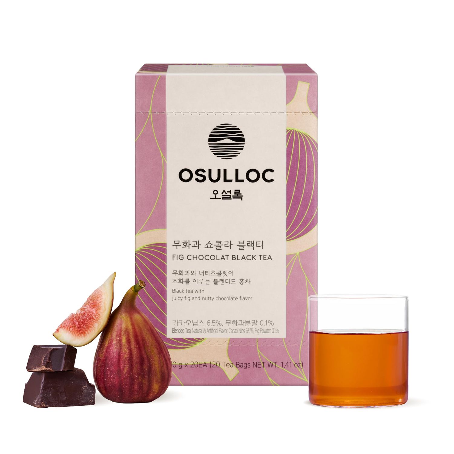 Osulloc Fig Chocolat Black Tea Juicy Fig Chocolate flavor, Fruit Tea Blend, Premium Tea bags from Jeju Isalnd, 20 tea bags,1.41 oz