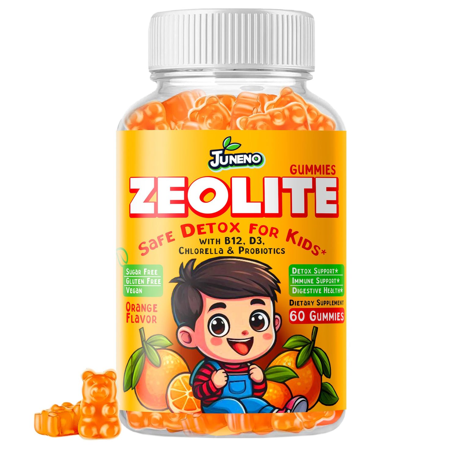 Juneno Zeolite Kids Detox Gummies - Total Body Cleanse Micronized Chewables Supplement with Chlorella - Orange Flavor Vegan Non-GMO Gluten-Free