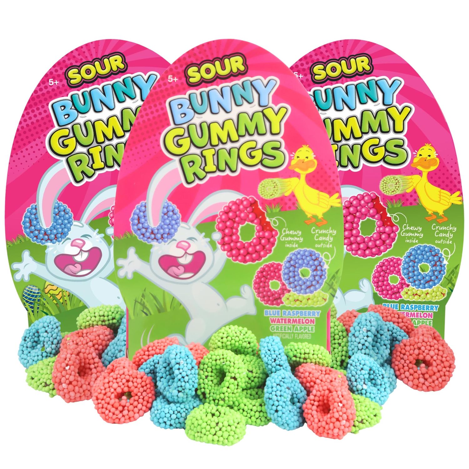 Sour Bunny Gummy Rings, Assorted Fruit Flavored Candies, Easter Basket Stuffer Candy, 3.4 Ounces Pack of 3