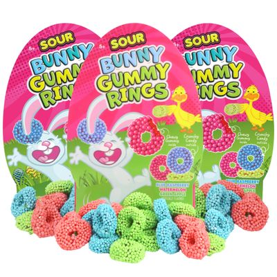 Sour Bunny Gummy Rings, Assorted Fruit Flavored Candies, Easter Basket Stuffer Candy, 3.4 Ounces Pack of 3