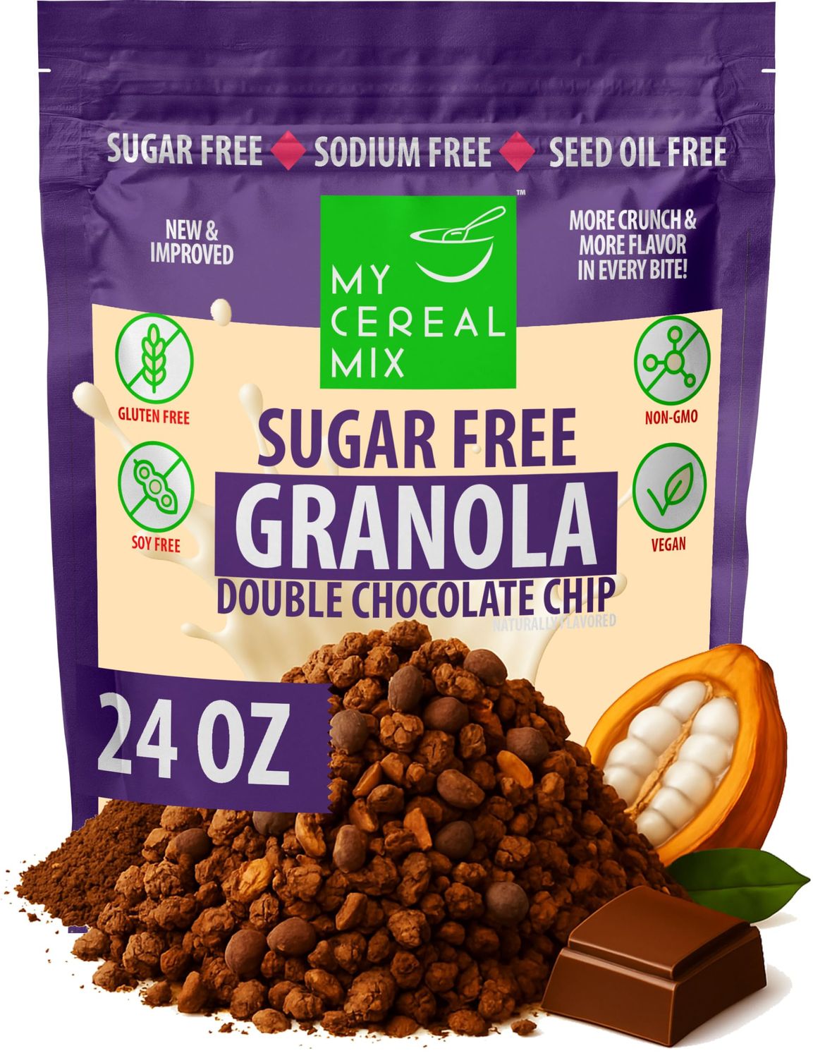 MyCerealMix Sugar Free Granola - Double Chocolate Chip Sugar-Free Chocolatey Cereal for Breakfast Plant-Based, Non-GMO, No Hidden Sugars, Made with Real Chocolate 24oz